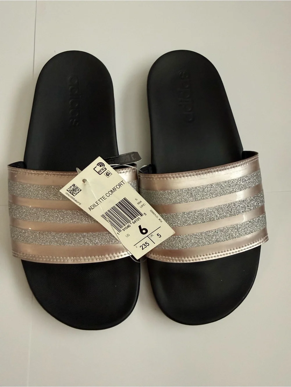 adidas Women’s Rose Gold and Silver Glitter Slide Sandals
